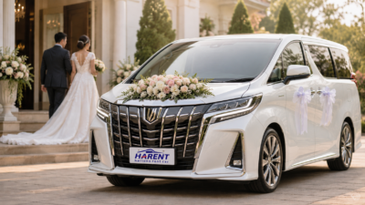 Mobil pengantin mewah Alphard putih dengan dekorasi bunga dan pita di venue pernikahan
