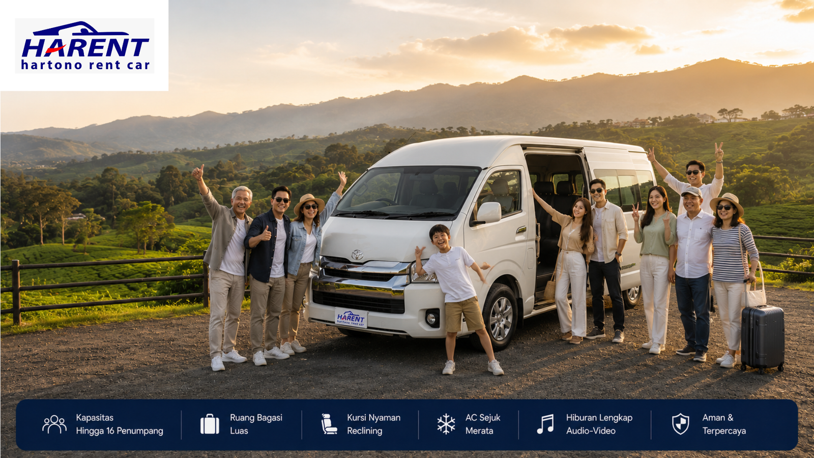 Sewa Hiace untuk wisata Puncak bersama keluarga menggunakan Toyota Hiace Commuter dari Hartono Rent Car