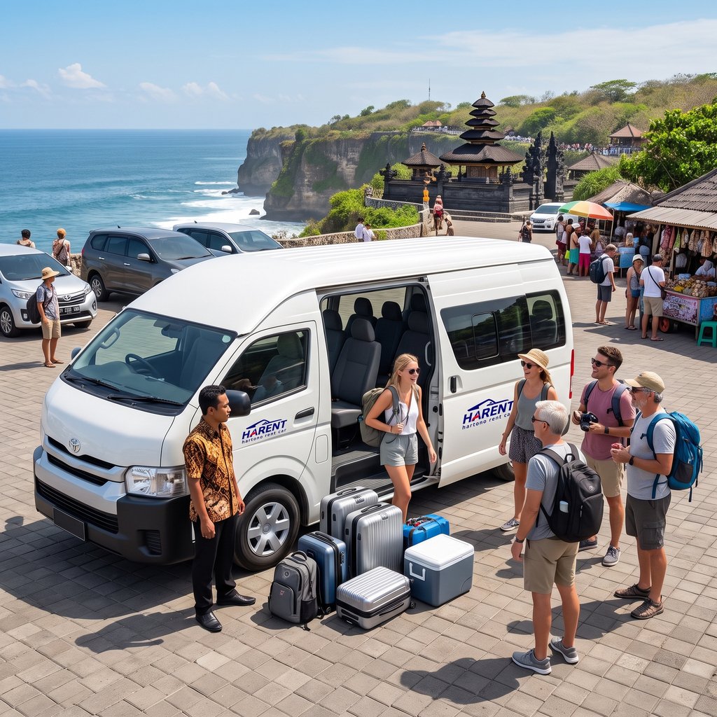 Rombongan keluarga bersiap untuk sewa hiace dari Hartono Rent Car untuk liburan