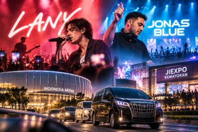 Ilustrasi konser LANY dan Jonas Blue Jakarta 2026 dengan suasana panggung, Indonesia Arena, JIExpo Kemayoran, dan transportasi antar jemput konser.