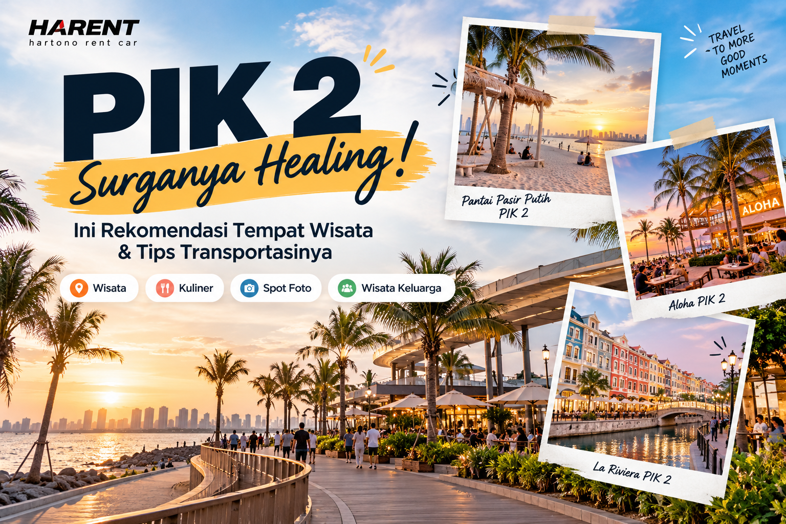 Ilustrasi tempat wisata PIK 2 untuk healing, menampilkan Pantai Pasir Putih, Aloha PIK 2, dan La Riviera dengan suasana sunset.