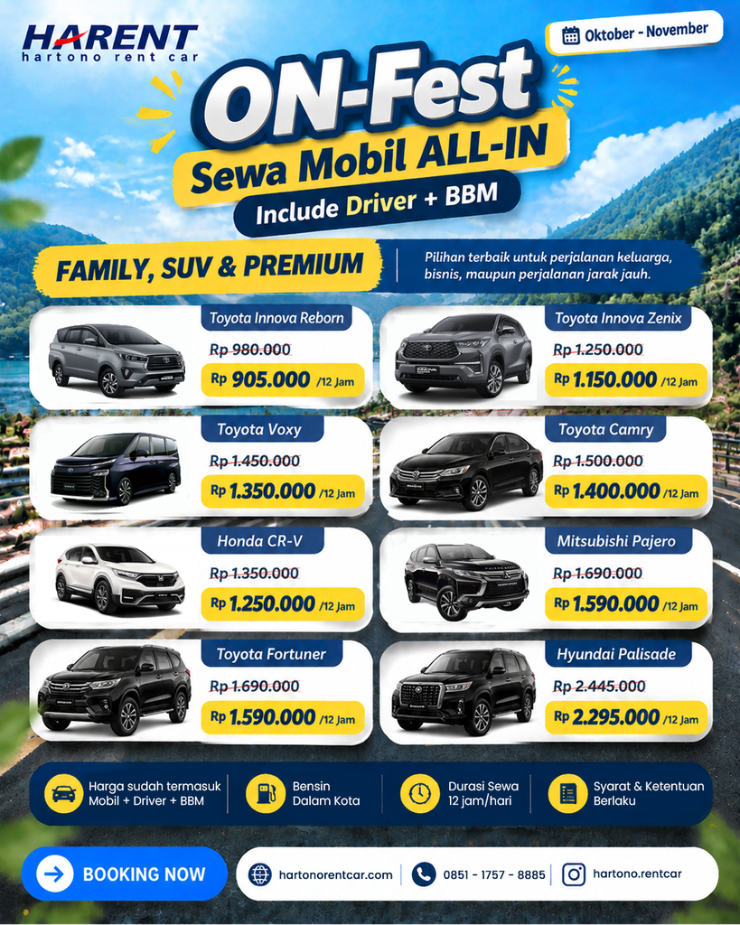Liburan Hemat Tanpa Ribet! Sewa Mobil Mulai 500 Ribuan, All-In Driver + BBM 6 Promo Sewa Mobil Keluarga dan SUV