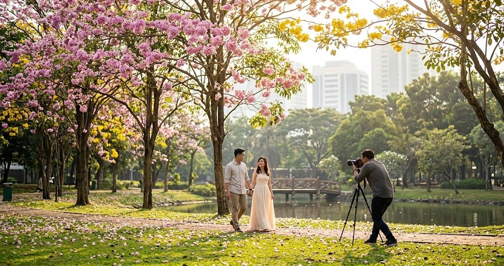 6 Rekomendasi Spot Prewedding Jakarta Tema Taman dan Bunga Estetik 1 Pasangan melakukan pemotretan di spot prewedding jakarta dengan latar bunga tabebuya yang mekar seperti sakura di Jepang